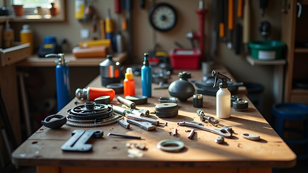 Bicycle maintenance tools and parts laid out on wooden workbench, close-up detail view