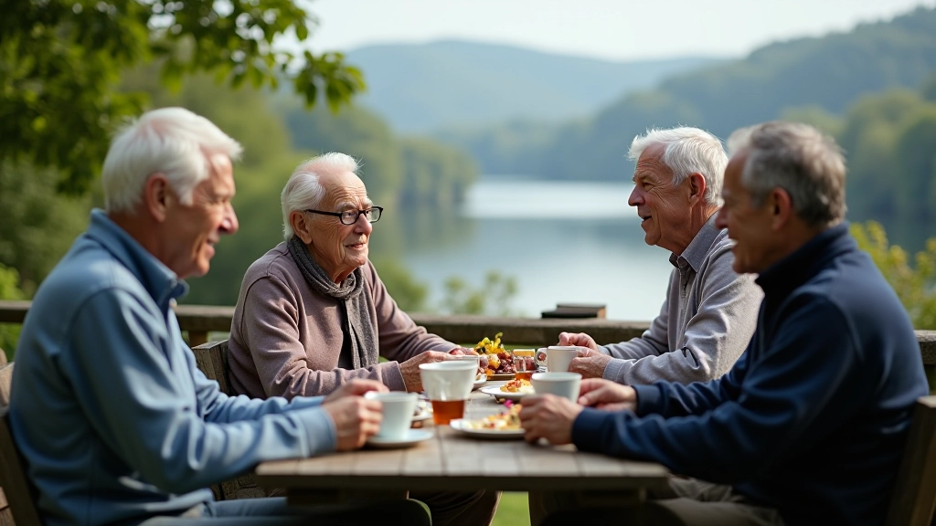 Group of older cyclists taking a break at a scenic spot, having tea and snacks together outdoors