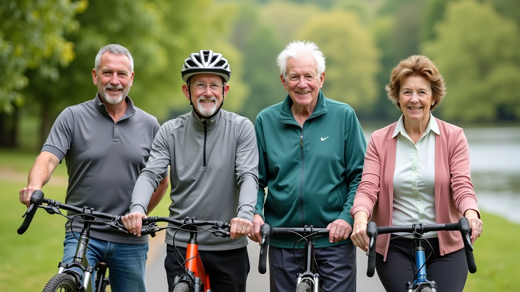 Group of four older cyclists together, smiling and riding