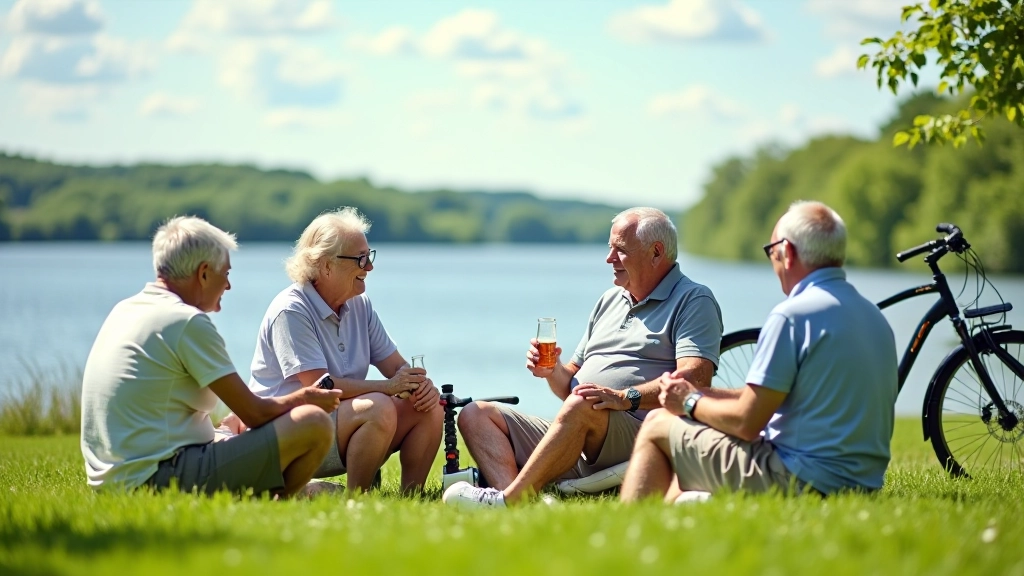 Cyclists relaxing at a lakeside stop