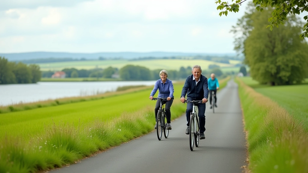Cyclists on a scenic lakeside path
