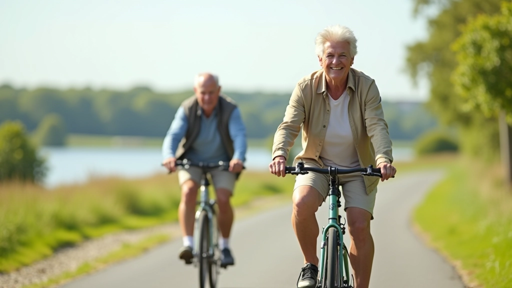Group of pensioners enjoying a guided cycling ride on a scenic lakeside route
