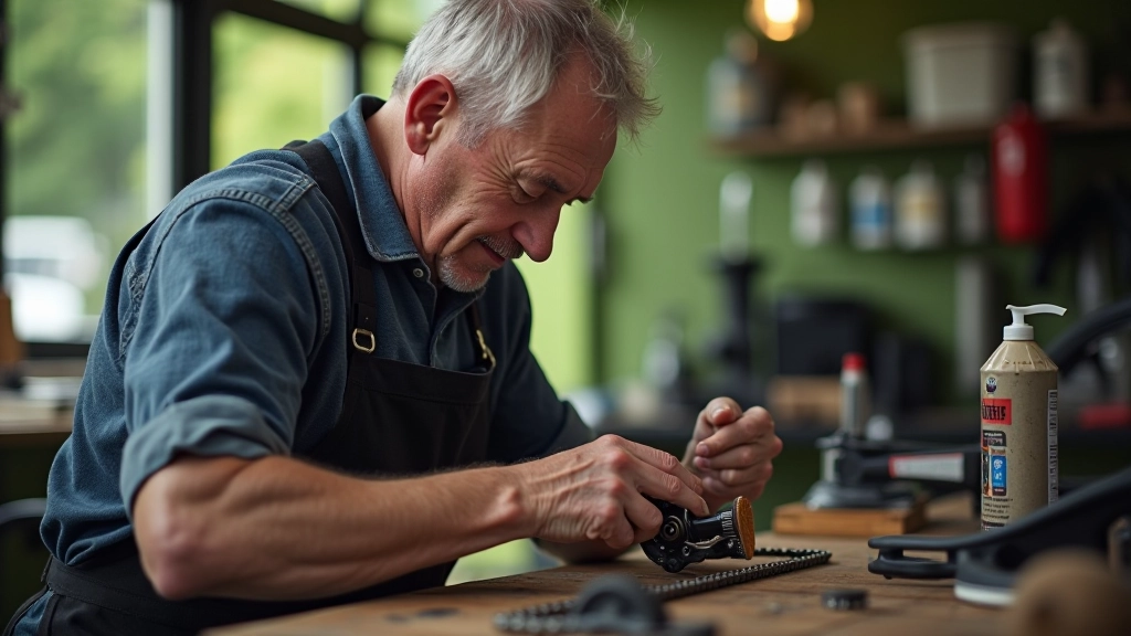 Bicycle chain being cleaned with brush and lubricant, mechanic hands working on drivetrain