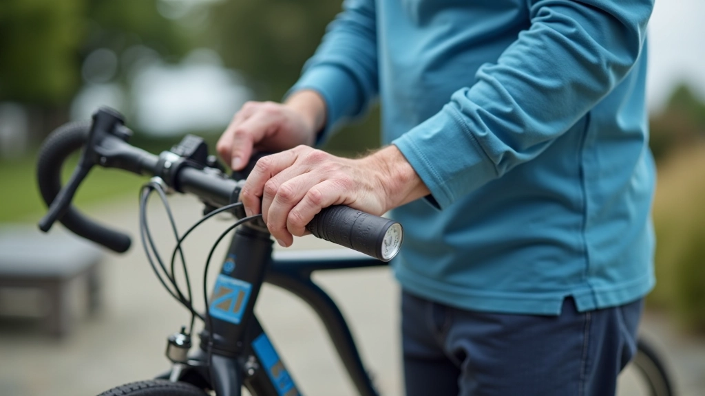 Close-up of bicycle tyre being checked with pressure gauge, hands adjusting air valve, outdoor setting