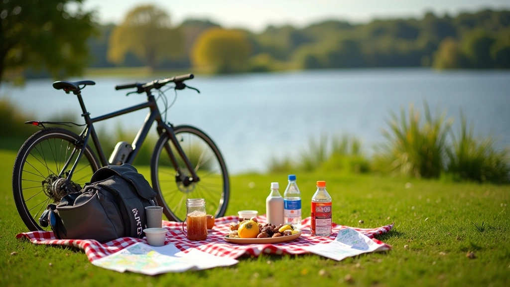 Outdoor picnic setup with water bottle, snacks, and map on lakeside grass near bicycle