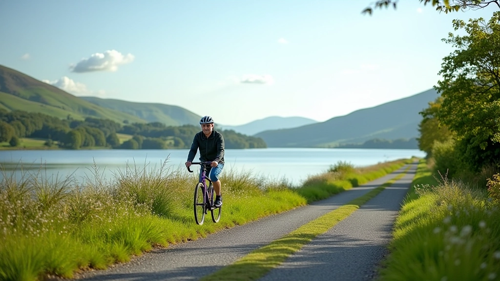 Peaceful lake water reflecting blue sky with distant green hills along cycling path