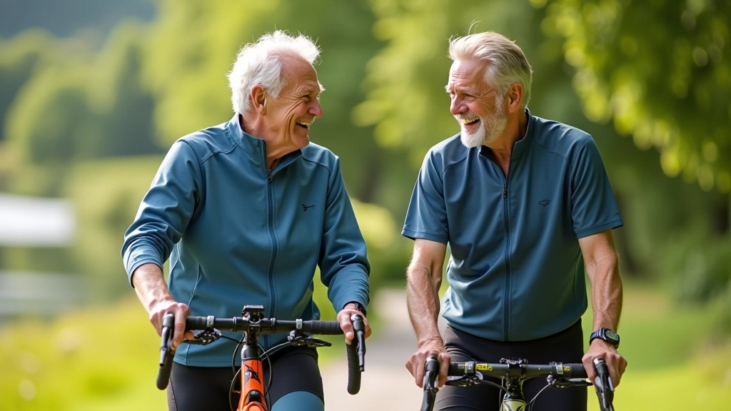 Two older cyclists chatting and laughing while holding their bikes on a sunny day